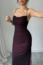 Mesh Overlay Ruched Spaghetti Strap Square Neck High Split Bodycon Maxi Dress