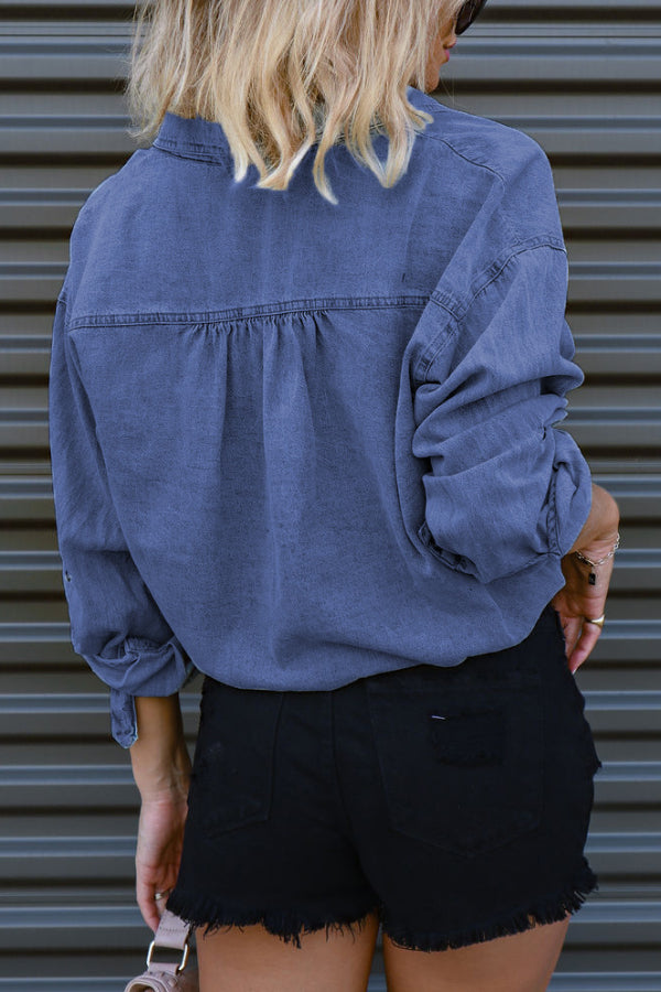 Stylish Lapel Long-sleeved Pocket Button Casual Denim Shirt
