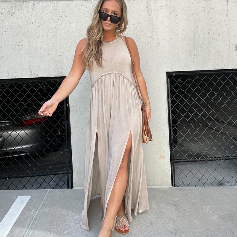 Crew Neck Tiered Seam Double Front Slit Sleeveless Maxi Dress