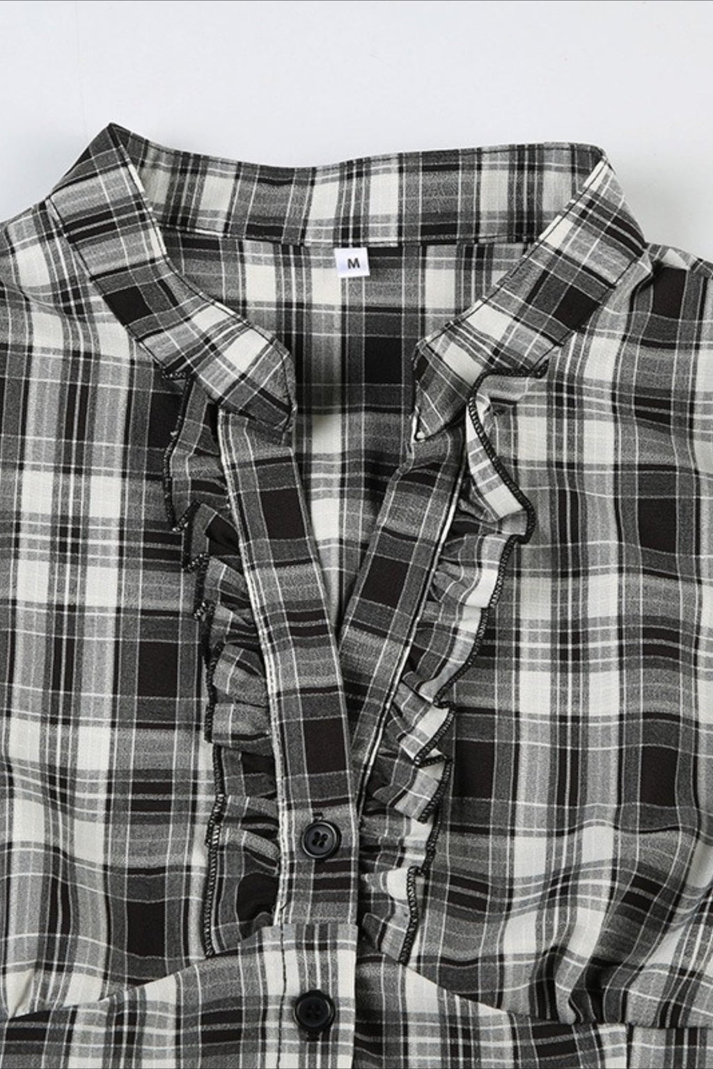 British Plaid Ruffled V Neck Puff Sleeve Blouse