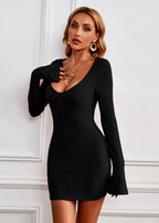 Scoop Neck Button Front Rib Knit Bell Sleeve Bodycon Mini Dress