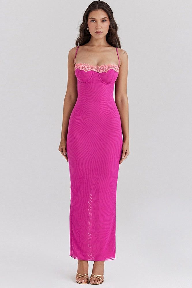 Ribbed Lace Trim Balconette Spaghetti Strap Bodycon Maxi Dress