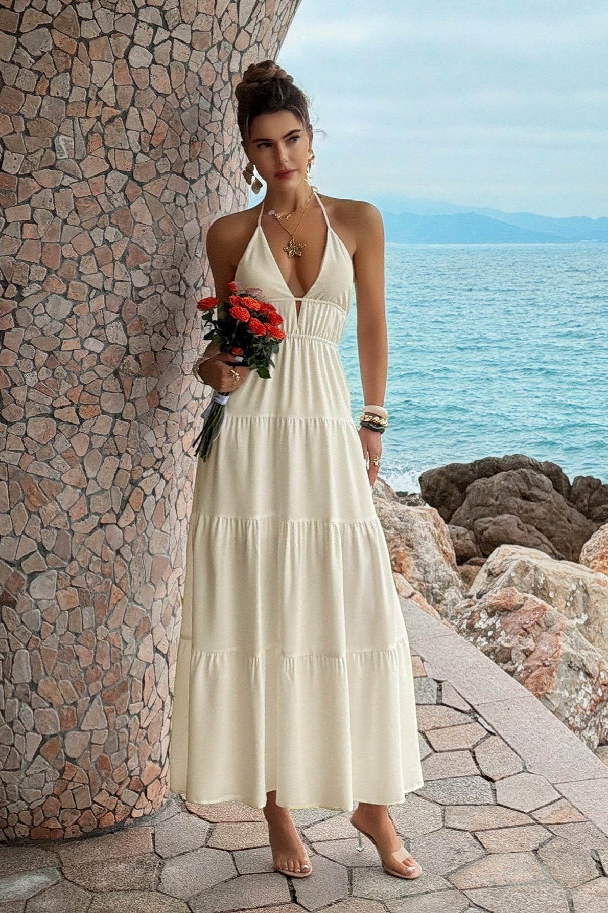 Deep V Neck Halter Smocked Waist Tiered Maxi Dress
