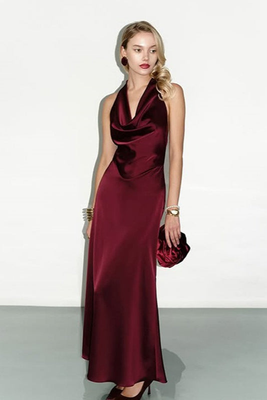 Satin Halter Cowl Neck Backless Bodycon Cocktail Dress