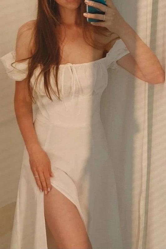 Off Shoulder Puff Sleeve Corset Tie Front High Split Maxi Dress