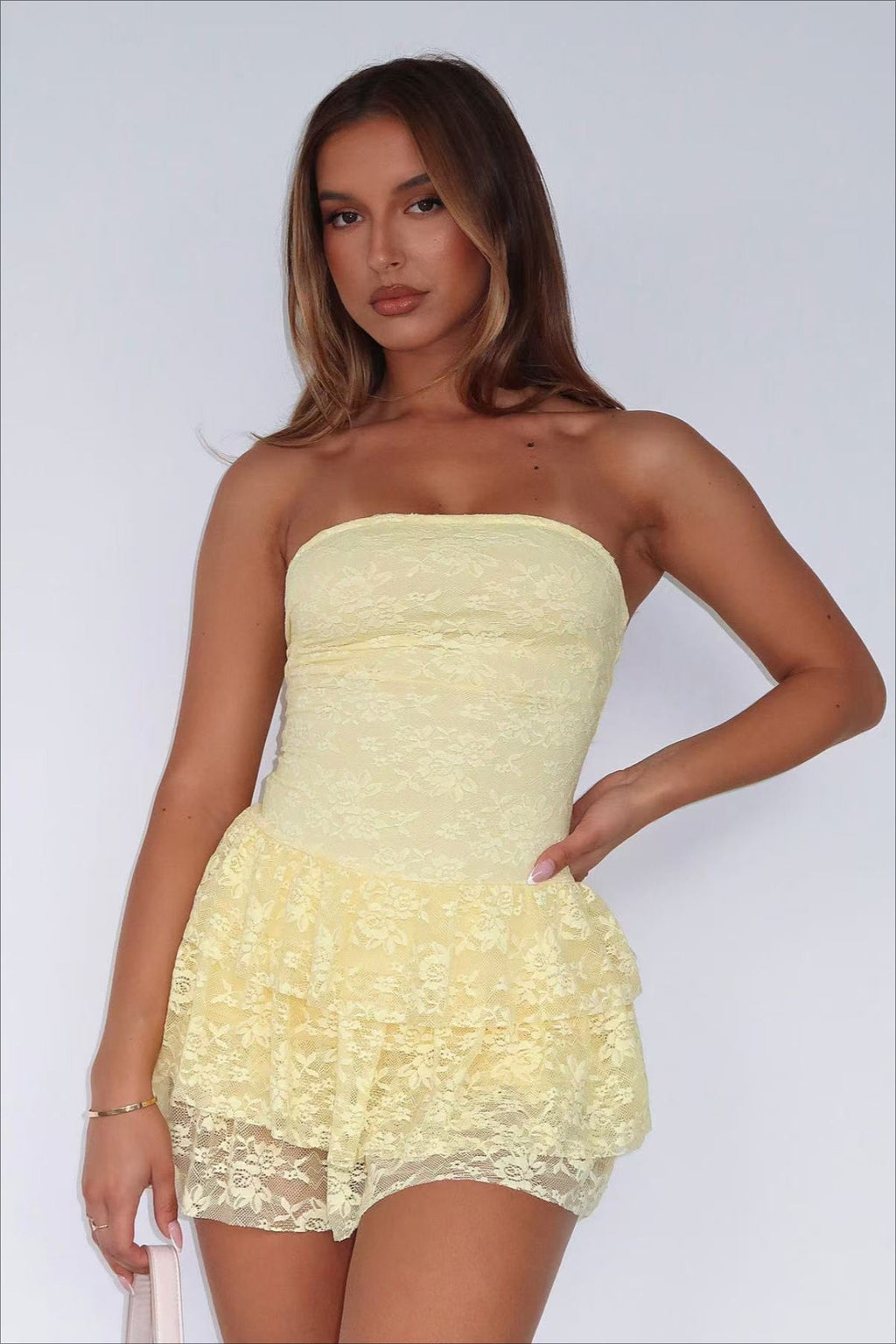 Floral Lace Strapless Tiered Ruffle Hem Romper