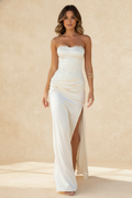Strapless Corset Lace Trim Ruched Hip Side Slit Maxi Dress