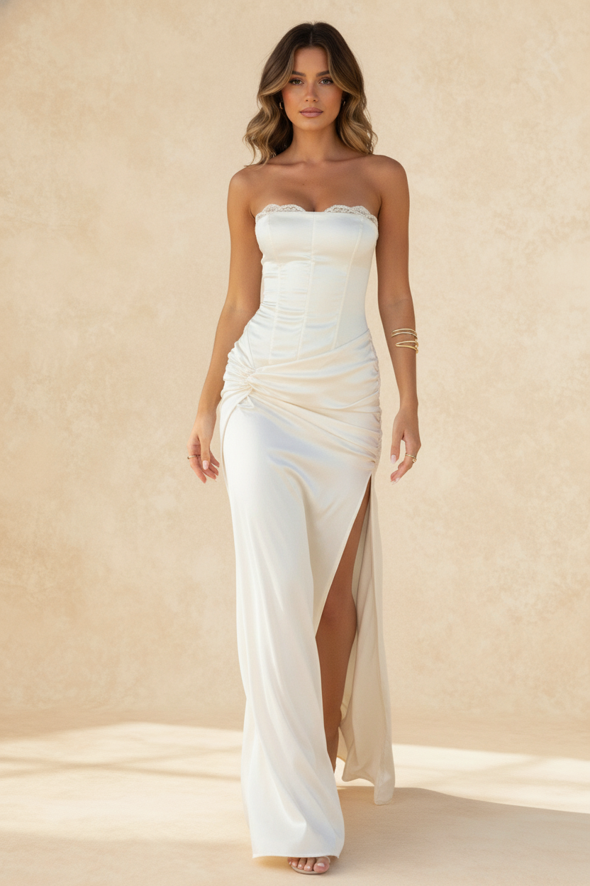 Strapless Corset Lace Trim Ruched Hip Side Slit Maxi Dress