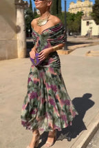 Unique Printed V-Neck Waisted Mesh Holiday Maxi Dress