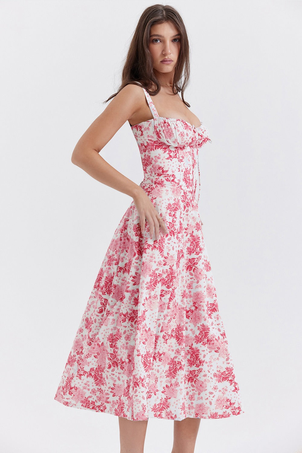 Wide Strap Sweetheart Ruched Bust Toile Floral Print A-Line Midi Dress