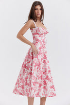 Floral Print Sweetheart Corset Bodice Wide Strap Fit and Flare Midi Dress