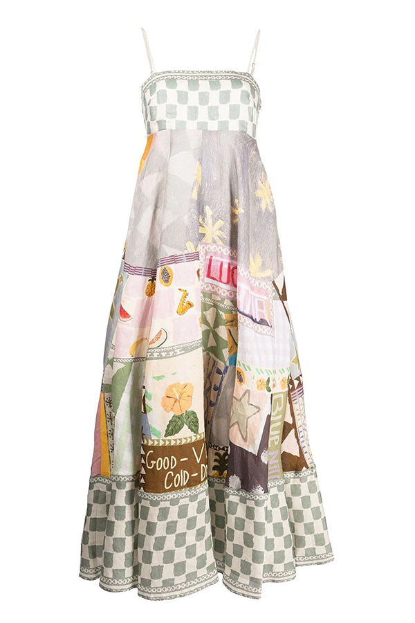 Gingham Trim Patchwork Graphic Print Square Neck Spaghetti Strap Maxi Dress