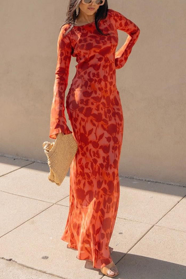Floral Print Scoop Neck Bell Sleeve Bias Cut Maxi Dress