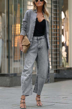 Casual Meetup Denim Stand Neck Long Sleeve Belted Loose Jacket
