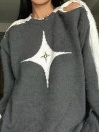 Star Decor Zipper Cutout Loose Sweater