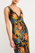 Satin Botanical Print Deep V-Neck Slip Maxi Dress