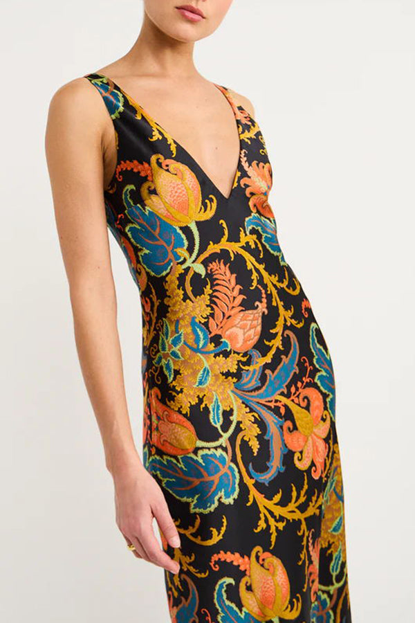 Satin Botanical Print Deep V-Neck Slip Maxi Dress
