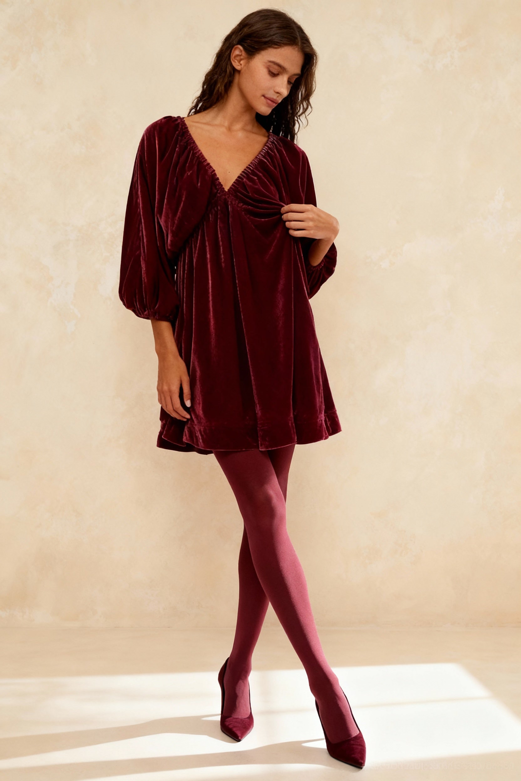 Velvet Gathered V-Neck Balloon Sleeve Empire Waist Mini Dress