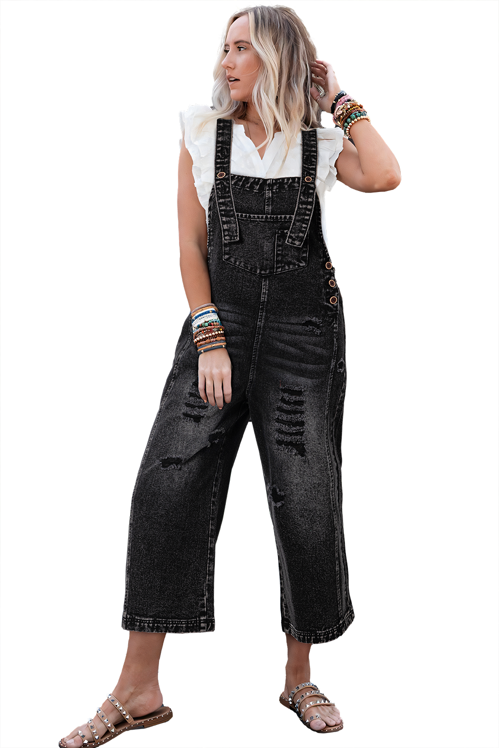 Blue Zone Planet | Stone Blue Distressed Bib Pocket Wide Leg Denim Overall