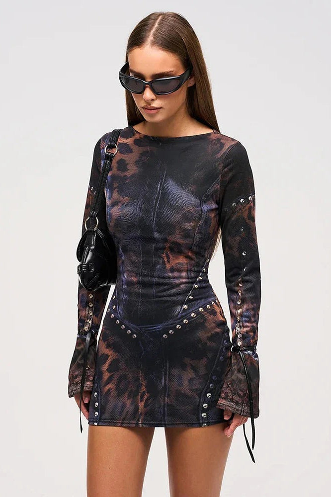 Print Trompe L'Oeil Studded Denim Corset Mini Dress