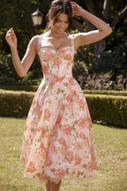 Corset Bodice Lace-Up Sweetheart Floral Print Sleeveless Midi Dress
