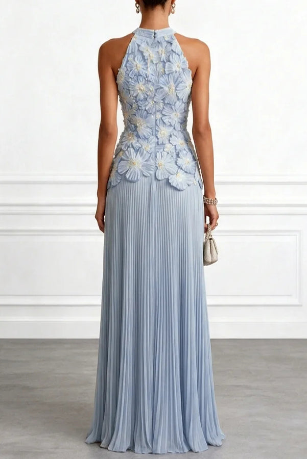 Emilie 3D Floral Embroidery Pleated Chiffon Hem Halter Neck Sleeveless Maxi Dress