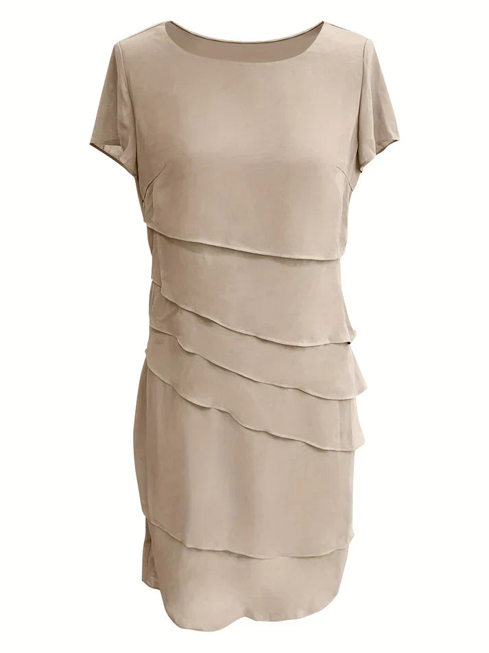 Cecilia Boutique Cotton Layered Trim Round Neck Short Sleeve Evening Dress for Women Chic Silhouette Collection