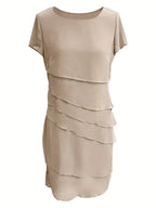 Cecilia Boutique Cotton Layered Trim Round Neck Short Sleeve Evening Dress for Women Chic Silhouette Collection
