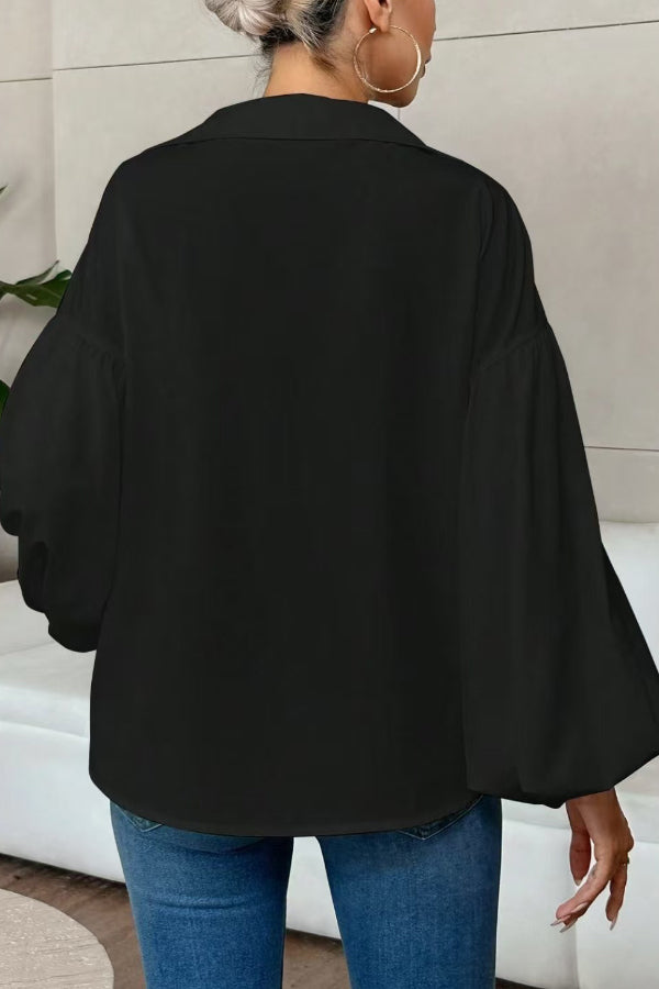 Stylish Polka Dot Print Collared Puff Sleeve Loose Shirt