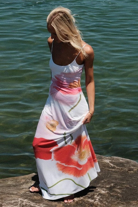 Spaghetti Strap Scoop Neck Oversized Floral Placement Print Maxi Dress