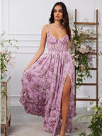Floral Layered Ruffles Maxi Party Dress High Slit Strap Dress 2026