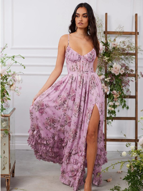 Floral Layered Ruffles Maxi Party Dress High Slit Strap Dress 2026