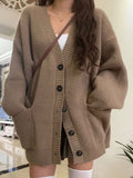 Preppy Solid Color V Neck Baggy Cardigan