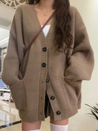 Preppy Solid Color V Neck Baggy Cardigan