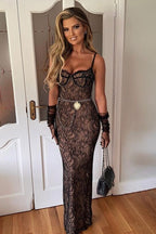 Floral Lace Sweetheart Spaghetti Strap Bustier Bodycon Maxi Dress