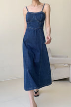 Denim Bustier Spaghetti Strap Panel Seam A-Line Midi Dress