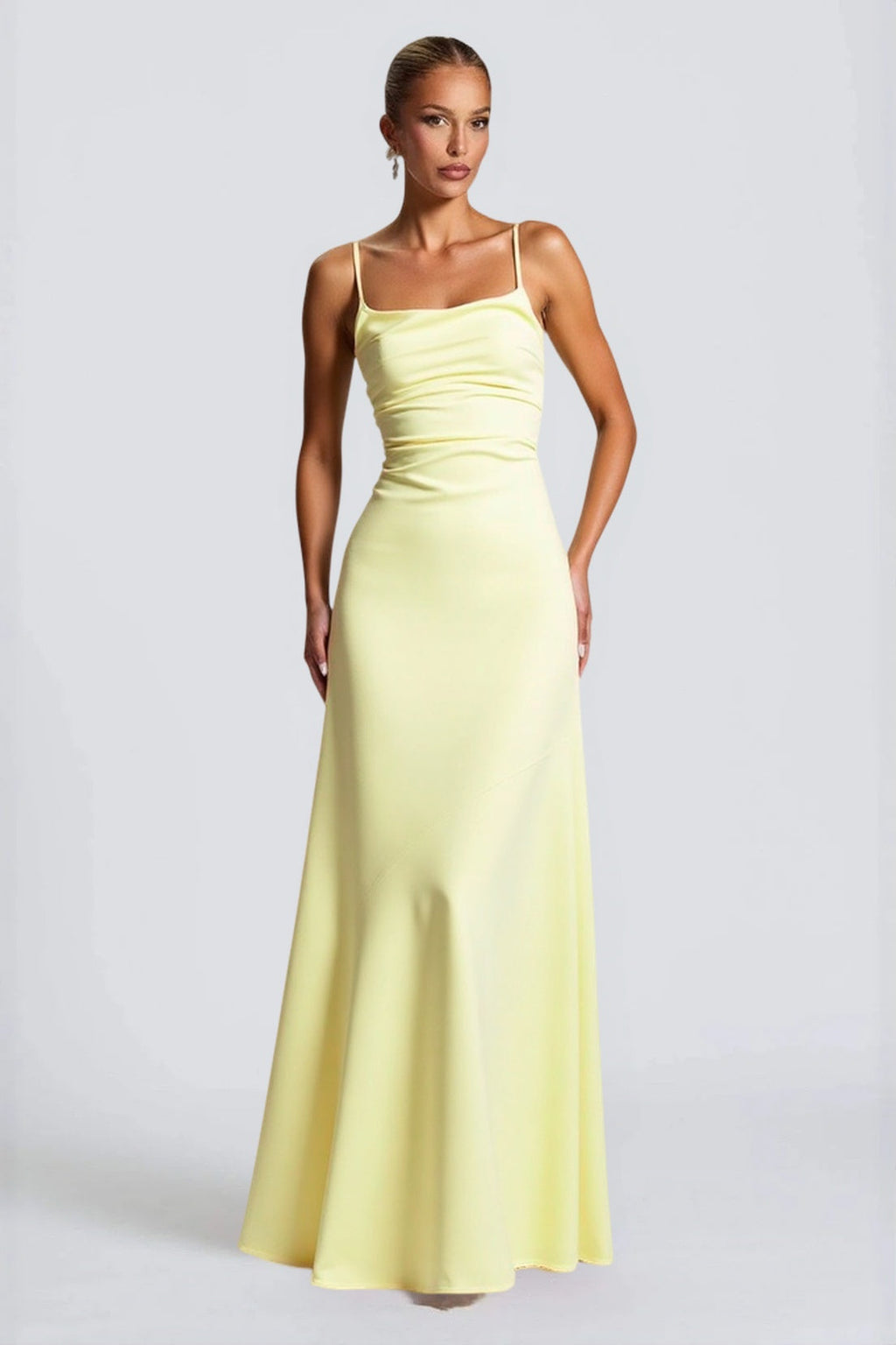 Satin Spaghetti Strap Square Neck Ruched Bodice Maxi Gown