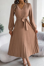 Deep V-Neck Bishop Sleeve Button Front Pleated Belted Midi Dress
