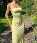 Ditsy Floral Spaghetti Strap Square Neck Backless Bodycon Maxi Dress