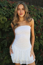 Floral Lace Strapless Tiered Ruffle Mini Dress