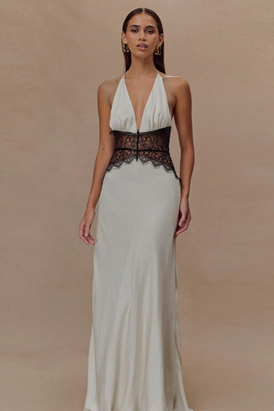 Satin Deep V-Neck Halter Lace Waist Panel Maxi Gown