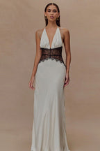 Satin Deep V-Neck Halter Lace Waist Panel Maxi Gown