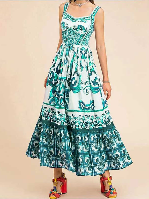 Tile Print Corset Bodice Tiered Ruffle Maxi Dress