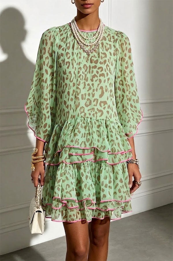 Amara Green Leopard Print Tiered Ruffle Mini Dress