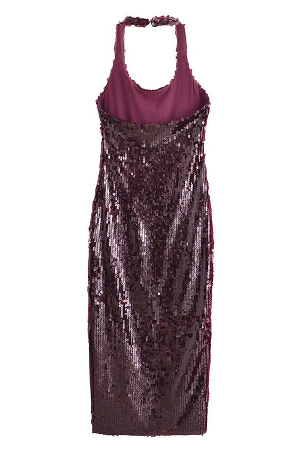Disc Sequin Halter Backless Thigh Slit Bodycon Maxi Dress