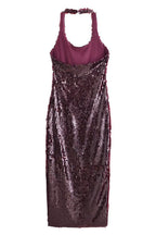 Disc Sequin Halter Backless Thigh Slit Bodycon Maxi Dress