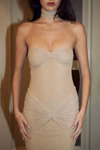 Strapless Sweetheart Lurex Ruched Sunburst Knot Hip Mermaid Maxi Gown