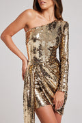 Sequin One Shoulder Long Sleeve Draped Wrap Mini Dress