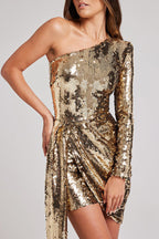 Sequin One Shoulder Long Sleeve Draped Wrap Mini Dress