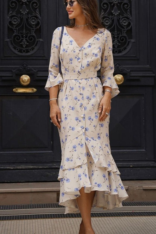 Asymmetric V Neck Flare Sleeve Floral Dress